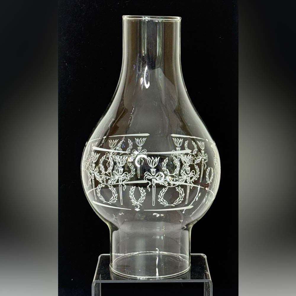 Vintage Torch & Wreath Glass Chimney For Oil Lamp 9" H x3" Base